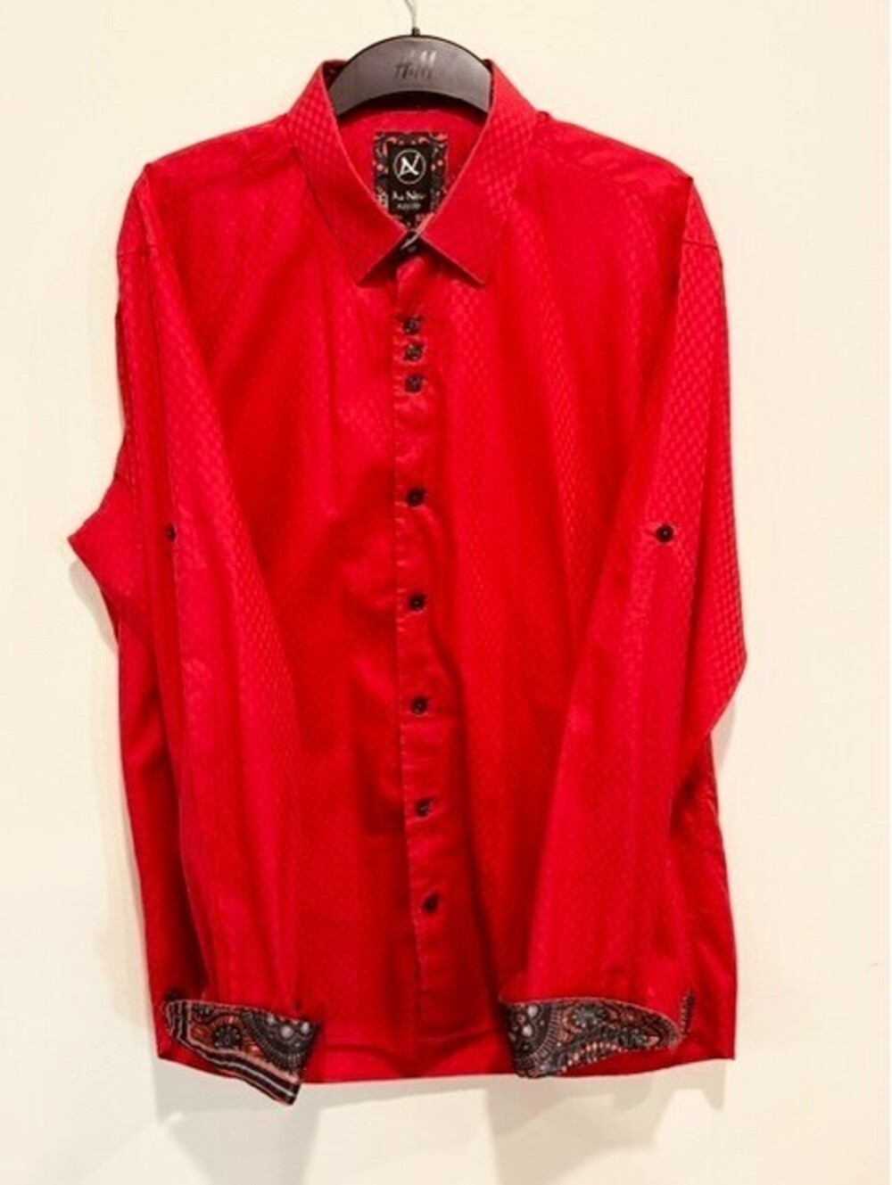 Au Noir Mens Size 5 L Red Check Button Down Shirt Contrast Cuffs Roll Tab Turkey